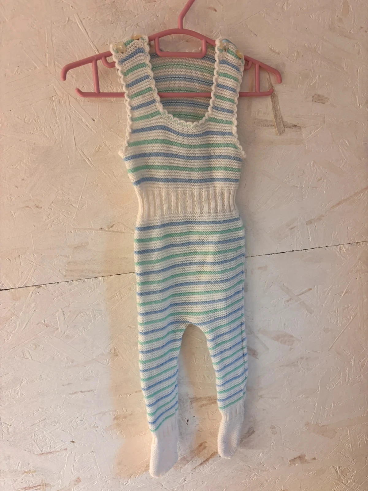 Macacão / Pijama de malha de tricot listrado - Feito à mão / Vintage - 1 mês / Recém-nascido – photo 2